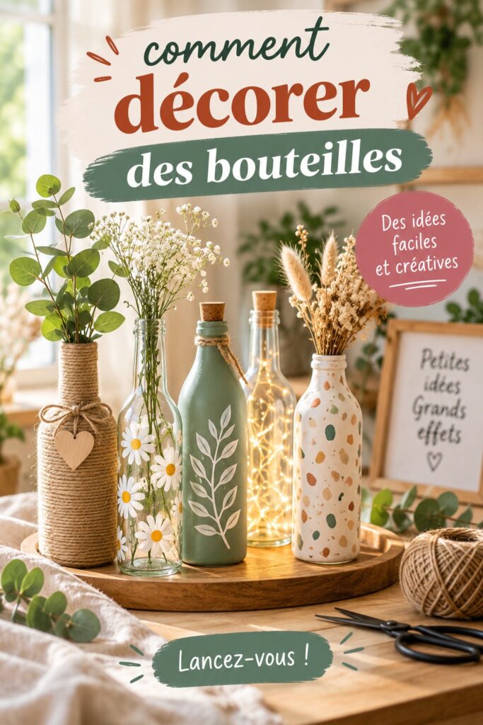 Bouteilles décorées dans un style bohème sur une table en bois, créant une ambiance chaleureuse.