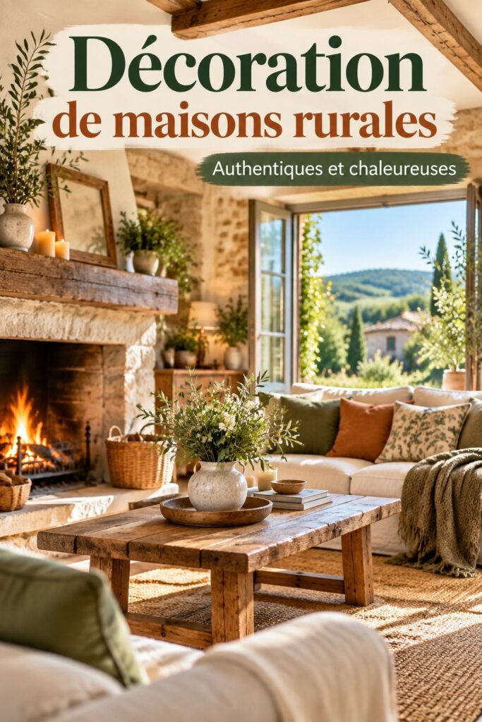 Une maison rurale décorée dans un style bohème, avec des éléments naturels et des couleurs chaleureuses.