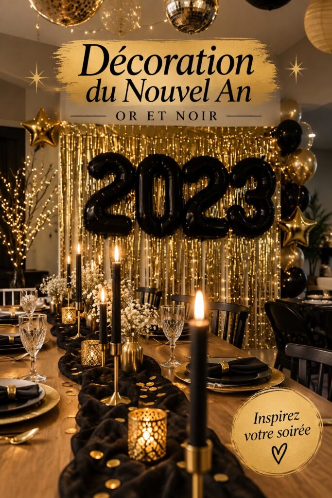 Une table de réveillon décorée en noir et doré avec des éléments bohèmes.