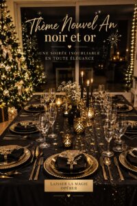 Décoration de table élégante en noir et or pour le Nouvel An
