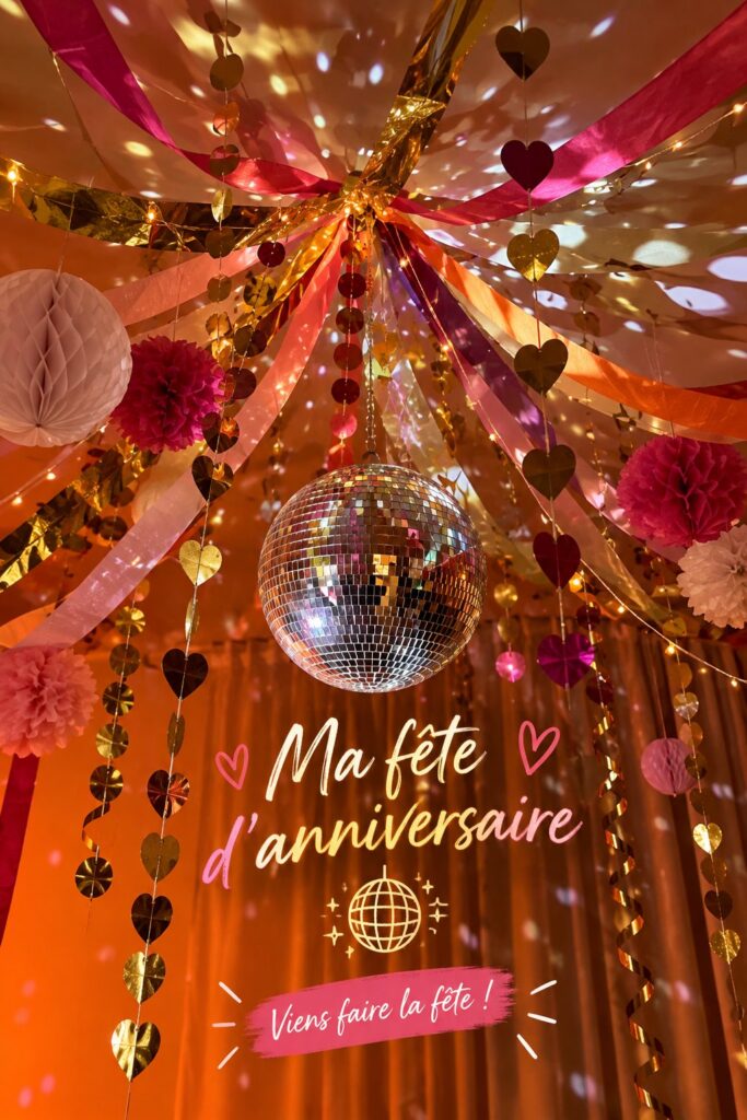 Décoration d'anniversaire élégante dans un style bohème avec des guirlandes et des fleurs.