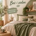 Une chambre décorée dans un style bohème avec des teintes beige et vert.