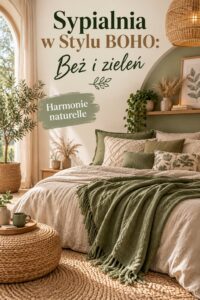 Une chambre décorée dans un style bohème avec des teintes beige et vert.