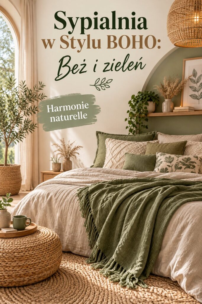 Une chambre décorée dans un style bohème avec des teintes beige et vert.