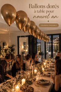 Table de nouvel an décorée avec des ballons dorés flamboyants.