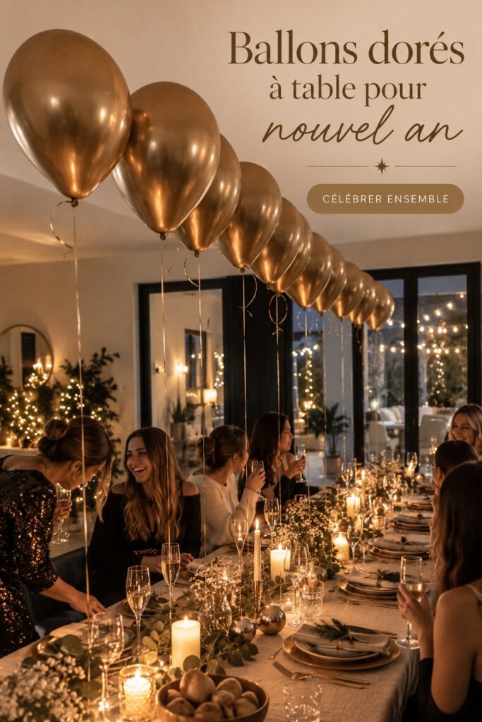 Table de nouvel an décorée avec des ballons dorés flamboyants.