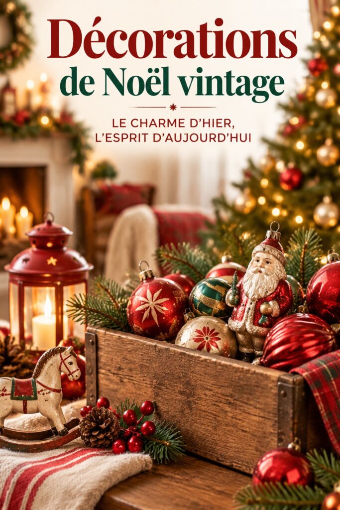 Une ambiance chaleureuse avec des décorations de Noël vintage et des lumières douces