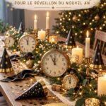 Horloge décorative bohème pour le Nouvel An, mise en scène festive dans un salon élégant