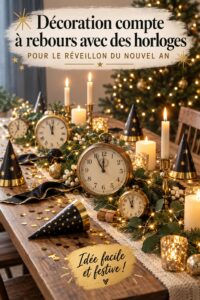 Horloge décorative bohème pour le Nouvel An, mise en scène festive dans un salon élégant