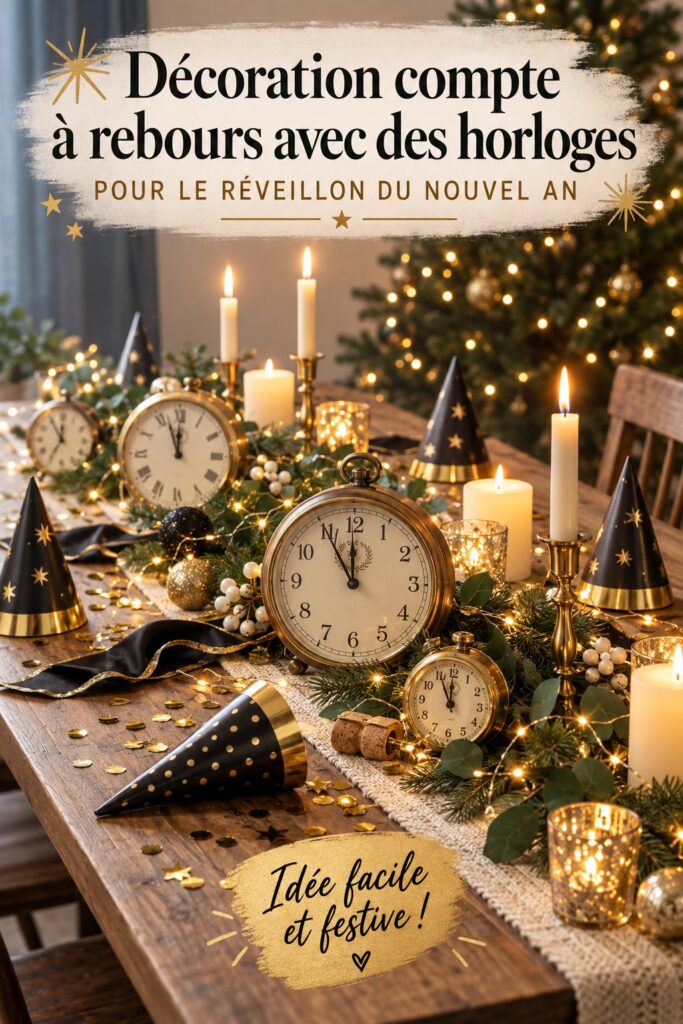 Horloge décorative bohème pour le Nouvel An, mise en scène festive dans un salon élégant