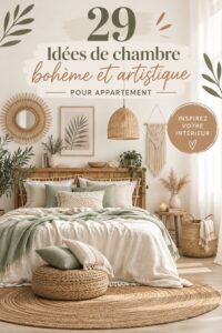 Chambre décorée dans un style bohème avec des textiles colorés et des éléments naturels.