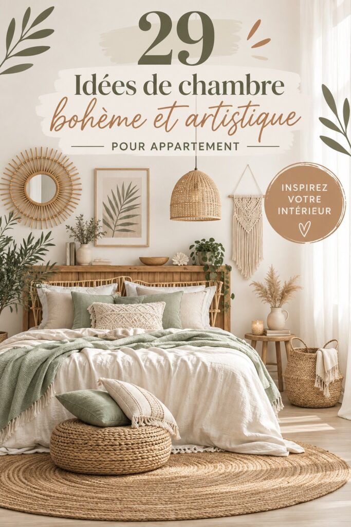Chambre décorée dans un style bohème avec des textiles colorés et des éléments naturels.