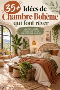 Chambre décorée dans un style bohème chic avec des textiles colorés et des plantes
