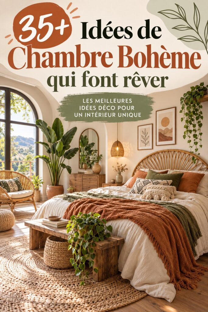 Chambre décorée dans un style bohème chic avec des textiles colorés et des plantes