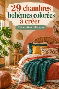 Chambre décorée dans un style bohème coloré avec des textiles et plantes variés