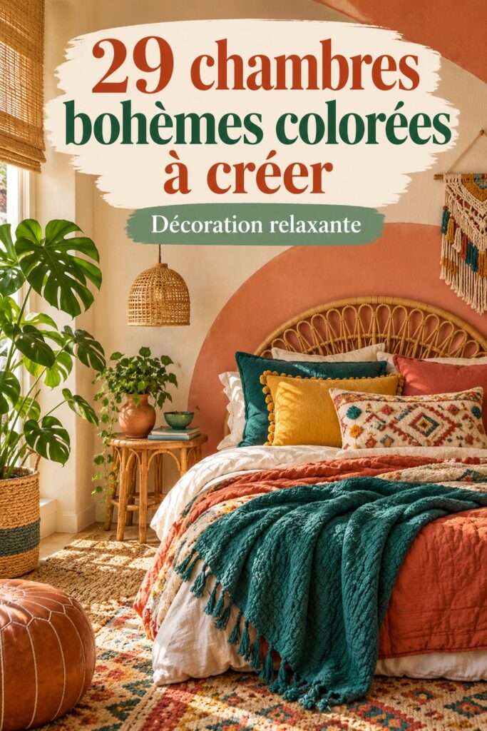 Chambre décorée dans un style bohème coloré avec des textiles et plantes variés
