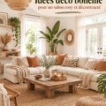 Salon décoré dans un style bohème chaleureux avec des coussins colorés et des plantes