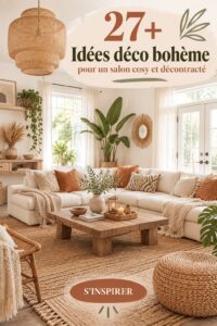 Salon décoré dans un style bohème chaleureux avec des coussins colorés et des plantes