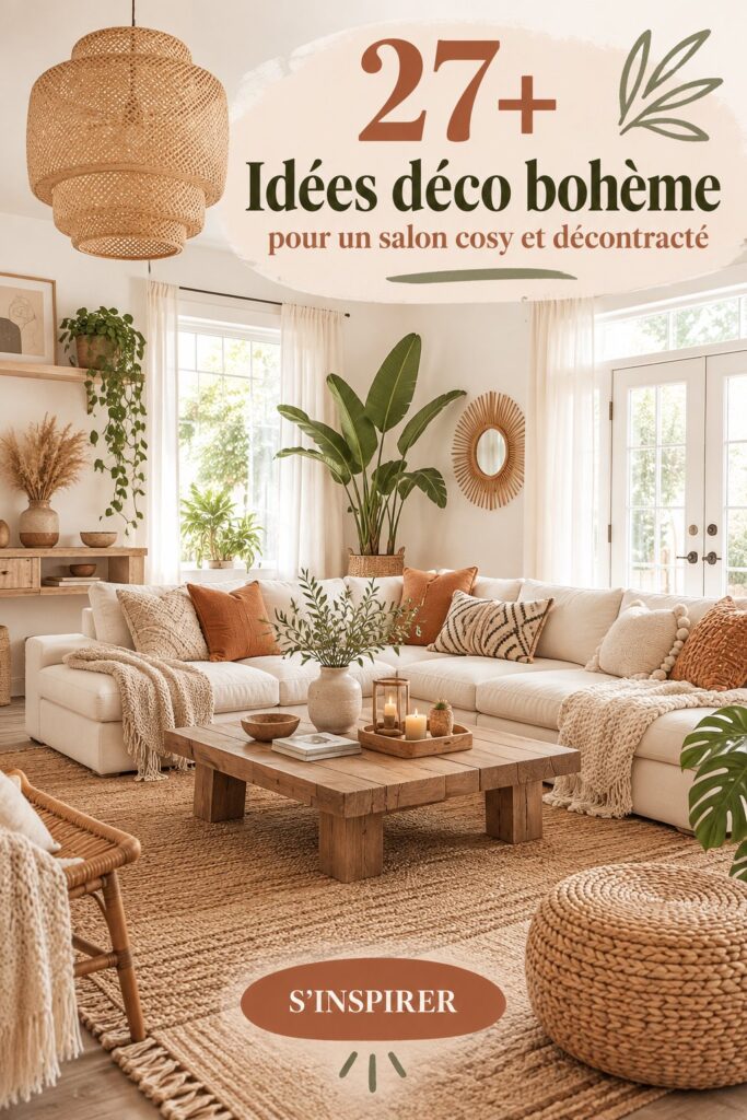 Salon décoré dans un style bohème chaleureux avec des coussins colorés et des plantes