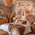 Chambre décorée dans un style bohème chic avec des textures naturelles et des couleurs douces