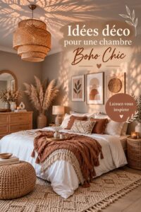 Chambre décorée dans un style bohème chic avec des textures naturelles et des couleurs douces
