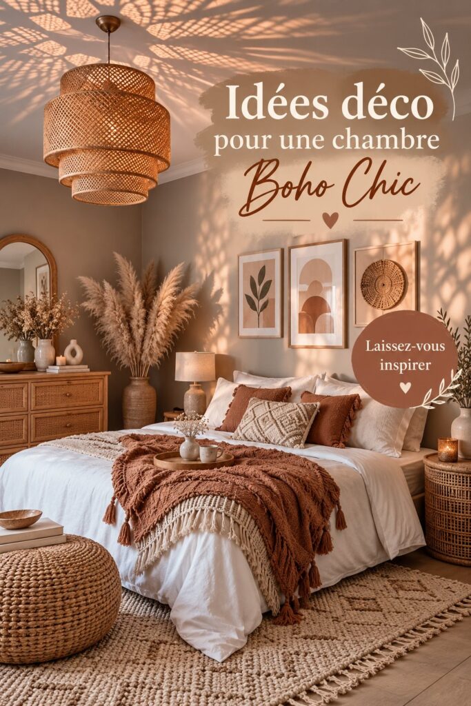 Chambre décorée dans un style bohème chic avec des textures naturelles et des couleurs douces