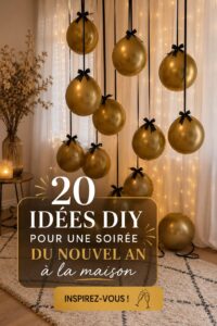 Table de fête du Nouvel An décorée avec des éléments bohèmes et des lumières scintillantes.