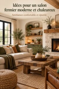 Salon moderne décoré dans un style bohème, chaleureux et accueillant.