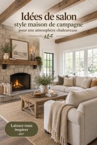 Salon de ferme élégant avec des touches cosy en bois et textiles doux