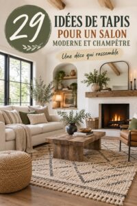 Salon avec un tapis bohème qui crée une atmosphère chaleureuse.