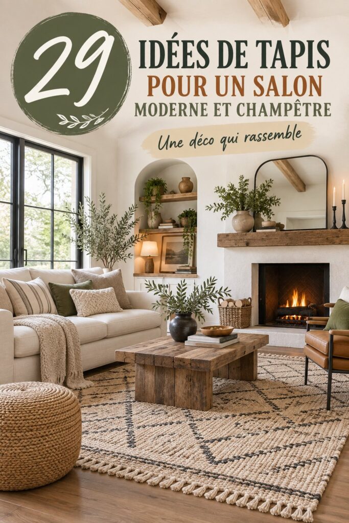 Salon avec un tapis bohème qui crée une atmosphère chaleureuse.