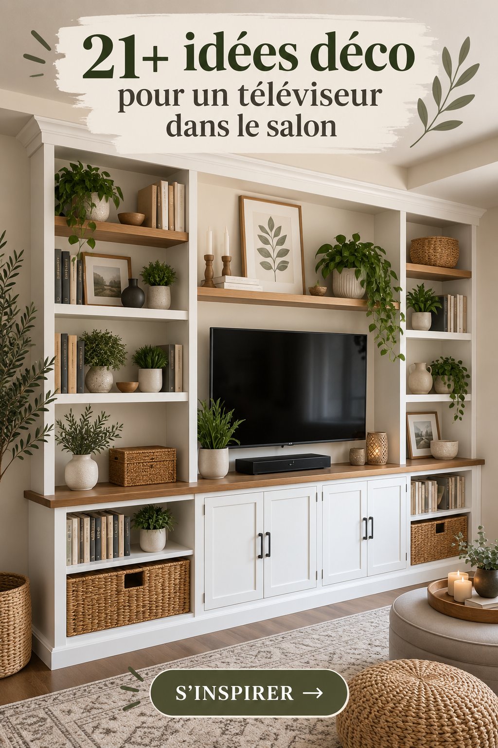 Un salon bohème accueillant avec une télévision harmonieusement intégrée.