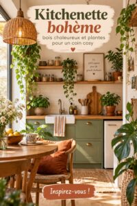 Une kitchenette bohème avec des éléments en bois chaleureux et des plantes vertes, créant une ambiance accueillante.
