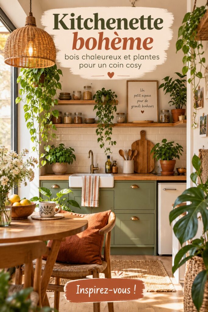 Une kitchenette bohème avec des éléments en bois chaleureux et des plantes vertes, créant une ambiance accueillante.