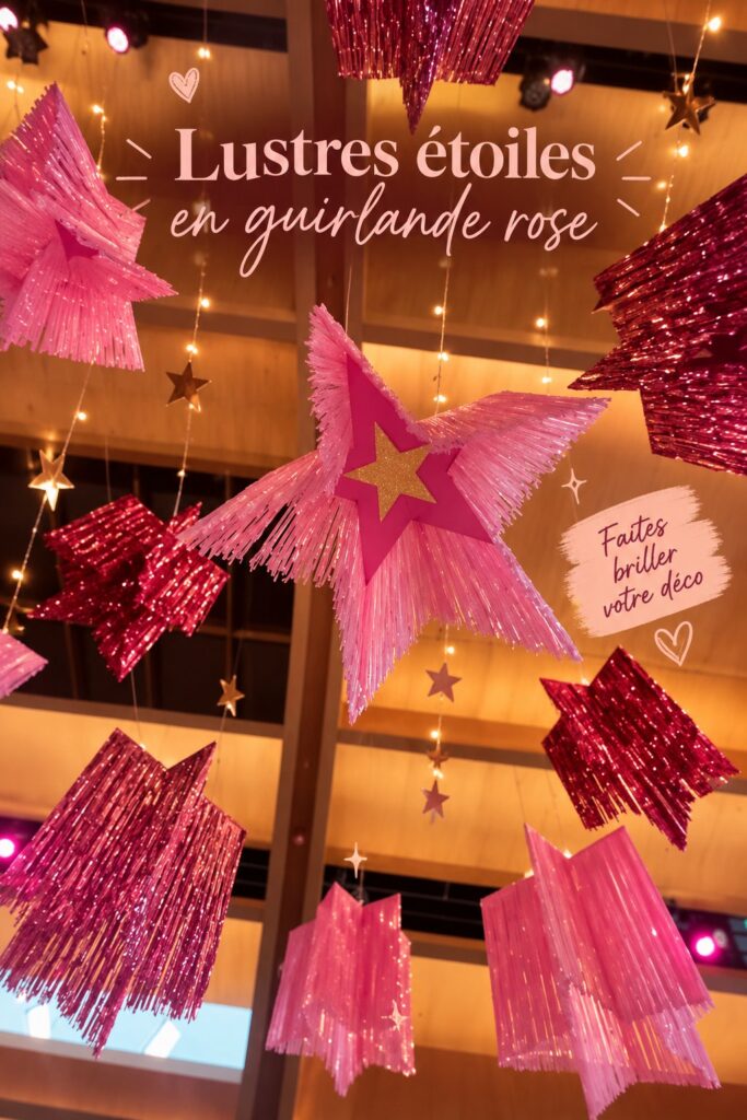 Lustre en tinsel rose suspendu dans une pièce de style bohème