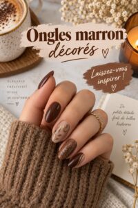 Manucure chic avec des ongles marron décorés, mettant en avant des motifs élégants.