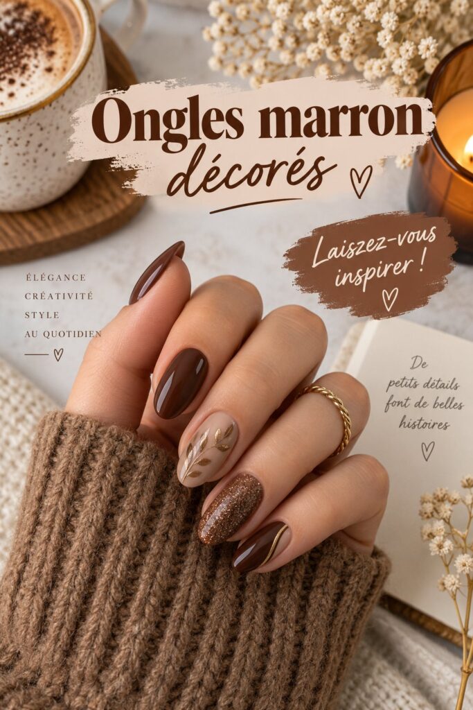 Manucure chic avec des ongles marron décorés, mettant en avant des motifs élégants.