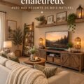 Salon bohème avec des accents rustiques en bois et textiles chaleureux