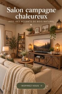 Salon bohème avec des accents rustiques en bois et textiles chaleureux
