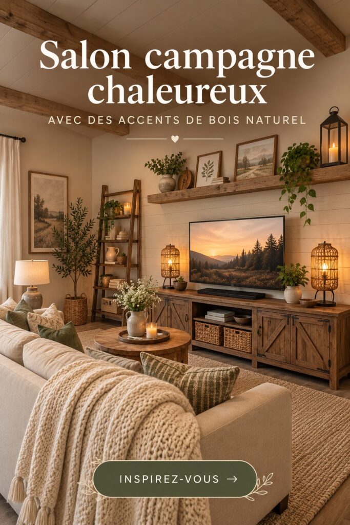 Salon bohème avec des accents rustiques en bois et textiles chaleureux