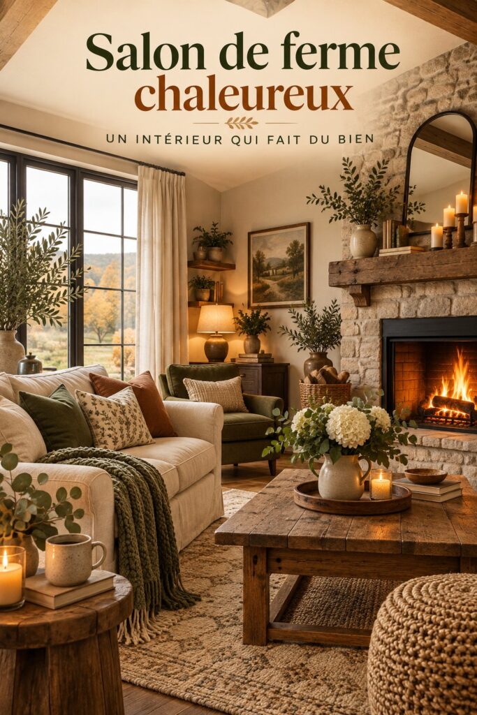 Salon décoré dans un style bohème avec cheminée et éclairage doux
