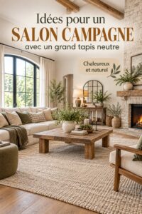 Salon bohème lumineux avec un grand tapis neutre et des éléments de décoration naturels
