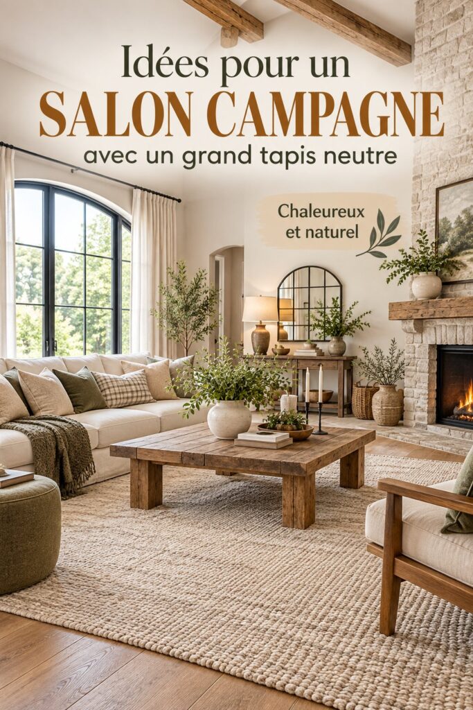 Salon bohème lumineux avec un grand tapis neutre et des éléments de décoration naturels