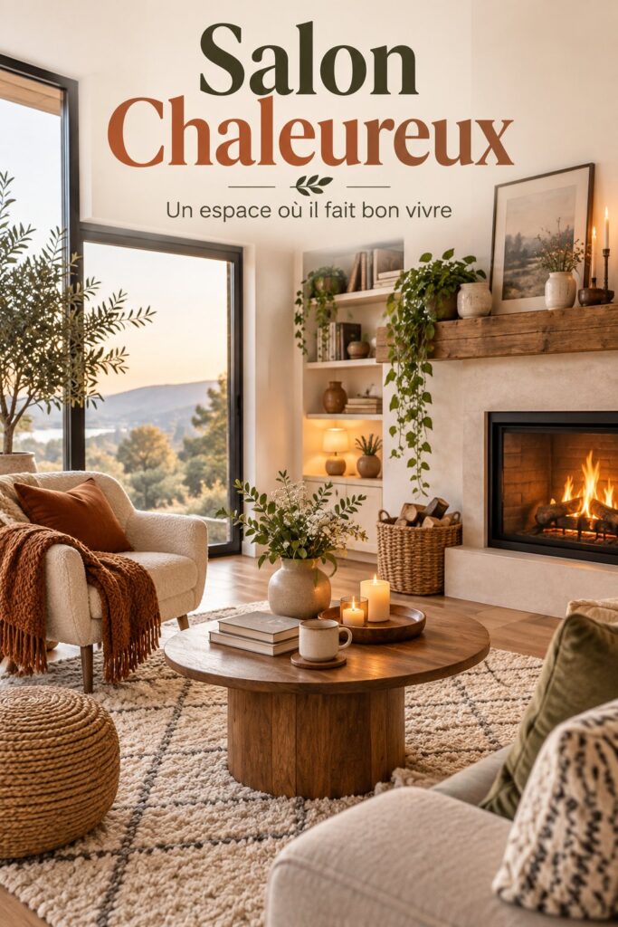 Salon bohème chaleureux avec des coussins colorés et des plantes vertes.