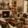 Salon moderne avec cheminée cosy, décoration chaleureuse et accueillante