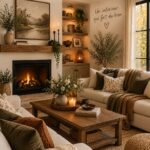 Salon moderne avec cheminée cosy, décoration chaleureuse et accueillante