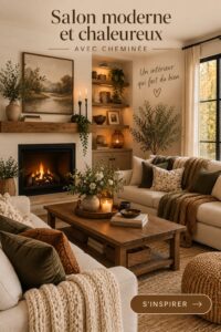 Salon moderne avec cheminée cosy, décoration chaleureuse et accueillante