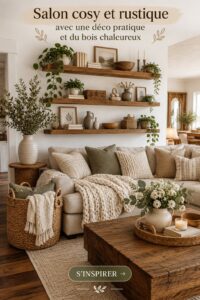 Un salon rustique et chaleureux avec des éléments en bois et une déco pratique
