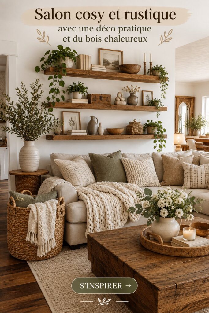 Un salon rustique et chaleureux avec des éléments en bois et une déco pratique