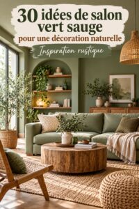 Un salon décoré en vert sauge, chaleureux et accueillant, avec des éléments en bois.